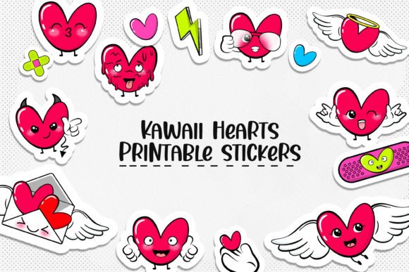 Download Cute Hearts Kawaii Printable Stickers. - Printable Collection