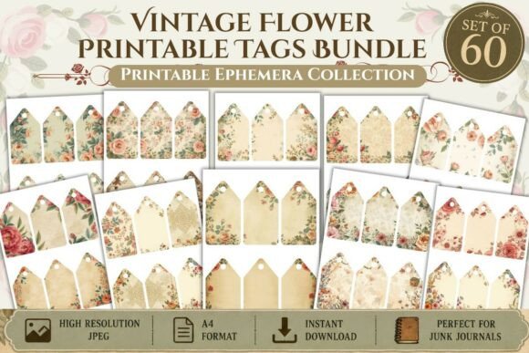 Download Vintage Flower Printable Tags Bundle - Printable Collection